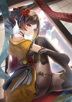 1girl absurdres black_gloves black_pantyhose blonde_hair brown_hair chiori_(genshin_impact) colored_inner_hair drill_hair drill_ponytail eitei_(20041204) genshin_impact gloves hair_ornament highres indoors japanese_clothes knee_up looking_at_viewer medium_hair multicolored_hair obi pantyhose parted_lips red_eyes sash sitting solo two-tone_legwear