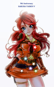 Rule 34 | belt, blue eyes, cowboy western, gemini sunrise, gloves, happy anniversary, highres, jacket, kannah, multiple belts, orange jacket, orange skirt, ponytail, red gloves, red hair, sakura taisen, sakura taisen v, shirt, sidelocks, skirt, skirt hold, smile, star (symbol), yellow shirt