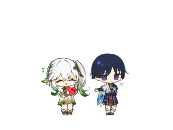 Rule 34 | 1boy, 1girl, 462 pkmn, anklet, asymmetrical sidelocks, belt, black belt, black bow, black bridal gauntlets, black hair, black sandals, black shorts, blue cape, blue gem, blue kimono, blue sleeves, blunt ends, bow, box, bracelet, bridal gauntlets, cape, chibi, chibi only, choppy bangs, closed eyes, closed mouth, colored tips, commentary request, detached sleeves, dress, eyeliner, facing another, feathers, full body, gem, genshin impact, gift, gift box, gold, gold trim, green hair, green sleeves, hair ornament, hakama, hakama shorts, half crown braid, hand up, heart-shaped box, holding, holding box, japanese clothes, jewelry, jitome, juban, kimono, layered sleeves, leaf, leaf hair ornament, leg warmers, long hair, looking at another, makeup, multicolored hair, musical note, nahida (genshin impact), open clothes, open hand, open kimono, open mouth, outstretched arm, pleated shorts, pointy ears, pom pom (clothes), puff of air, purple eyes, purple rope, purple sash, red eyeliner, rope, sandals, sash, scaramouche (genshin impact), short sleeves, shorts, side cape, side ponytail, sidelocks, socks, standing, streaked hair, tassel, toeless socks, valentine, vision (genshin impact), wanderer (genshin impact), white background, white dress, white kimono, white leg warmers, white sleeves, white socks, yellow feathers, zouri