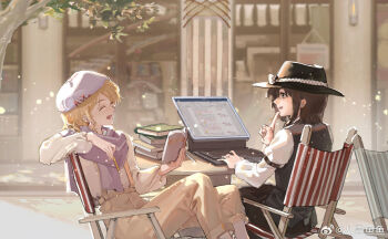 2girls :d ^_^ black_hair black_hat black_skirt black_vest blonde_hair book bow brown_pants chair chinese_commentary closed_eyes commentary_request computer cover cover_page day earrings facing_another fedora finger_to_mouth hat hat_bow highres holding holding_book holding_pencil indis jewelry laptop looking_at_another maribel_hearn microsoft_word multiple_girls open_mouth outdoors pants pencil purple_scarf scarf shirt short_hair sitting skirt smile suspenders table touhou tree typing usami_renko vest watermark weibo_watermark white_bow white_hat white_shirt