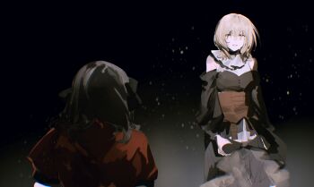 2girls absurdres bang_dream! bang_dream!_it&#039;s_mygo!!!!! black_background black_hair blonde_hair brown_corset clothing_cutout commentary_request corset doloris_(bang_dream!) hair_between_eyes highres long_hair long_sleeves lu_bian_de_yecao_zai_changge misumi_uika multiple_girls oblivionis_(bang_dream!) photo-referenced red_shirt sasaki_rico_(voice_actor) shirt short_hair short_sleeves shoulder_cutout takao_kanon togawa_sakiko voice_actor