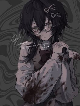 Rule 34 | 1girl, artist name, averting eyes, black hair, blood, blood on clothes, blood on face, blood stain, bloody knife, bloody weapon, blush, bow, bowtie, commission, eyelashes, glasses, green background, green eyes, hair ornament, hair ribbon, hashtag-only commentary, highres, holding, holding knife, knife, muted color, original, parted lips, ribbon, school uniform, skeb commission, skirt, sweat, sweater vest, upper body, weapon, xyz 0dr