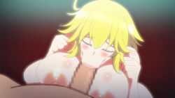 1boy 1girl :&gt;= animated begging_pose blonde_hair blue_eyes breasts censored cum cum_in_mouth fellatio green_eyes hetero heterochromia highres huge_breasts large_penis mosaic_censoring nipples nude oral paizuri penis pyonpyonmaru ryouna_(senran_kagura) senran_kagura short_hair sound squatting tagme video