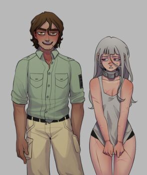 1boy 1girl :d artist_self-insert averting_eyes bags_under_eyes beard_stubble belt black_panties blunt_bangs boyfriend_to_death breasts brown_eyes brown_hair cleavage clothes_pull collar commentary covering_privates cowboy_shot cross_scar d: dark-skinned_male dark_skin english_commentary facial_hair green_jacket hand_in_pocket hetero jacket looking_at_another looking_at_viewer mullet multiple_scars open_mouth orange_eyes panties parody scar scar_on_arm scar_on_breasts scar_on_leg shirt_pull sleeves_rolled_up smile soureeeee standing strade_(boyfriend_to_death) stubble style_parody tank_top underwear white_hair white_tank_top