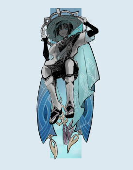 1boy arms_up artist_name black_bodysuit black_bridal_gauntlets black_hair black_sandals black_shorts blue_eyes blue_hair blue_hat blue_sleeves blunt_ends bodysuit bridal_gauntlets bridal_legwear closed_mouth commentary feathers full_body furisode gem genshin_impact hat hatching_(texture) iwaihou japanese_clothes jingasa kimono layered_sleeves leg_warmers looking_at_viewer male_focus mandarin_collar multicolored_hair open_clothes open_kimono partially_colored pom_pom_(clothes) sandals scaramouche_(genshin_impact) short_sleeves shorts smirk solo stirrup_legwear streaked_hair symbol-only_commentary tassel toeless_legwear toenails toes vision_(genshin_impact) wanderer_(genshin_impact) white_background white_sleeves white_trim zouri