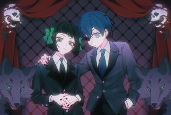 1boy 1girl bishounen black_nails blue_eyes blue_hair blue_jacket blue_necktie bob_cut bow buttons ciel_phantomhive collared_shirt earrings eyepatch green_bow green_eyes green_hair green_jacket green_necktie hair_between_eyes hair_bow hand_in_pocket hand_on_another's_shoulder highres jacket jewelry kuroshitsuji looking_at_viewer necktie open_mouth curtains shirt short_hair sieglinde_sullivan skull white_shirt wolf yumoshengge5232
