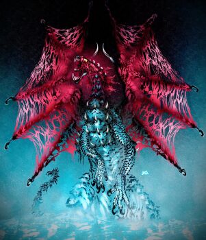 absurdres bone claws deadpool_yuchan dragon dragon_tail highres in_water monster monster_focus monster_hunter:_world monster_hunter_(series) no_humans open_mouth rearing rotting scales sharp_teeth solo spiked_tail spiked_wings spikes spread_wings tail teeth torn_wings vaal_hazak veil wings