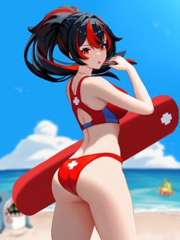 Rule 34 | 1girl, ass, bangboo (zenless zone zero), beach, bikini, black hair, blue sky, cloud, commentary, cowboy shot, day, english commentary, highres, holding, holding whistle, lifeguard, long hair, looking at viewer, multicolored hair, ocean, open mouth, ponytail, red bikini, red eyes, red hair, sky, standing, streaked hair, swimsuit, thighs, torpedo buoy, water, whistle, whistle around neck, yan kodiac, zenless zone zero, zhu yuan