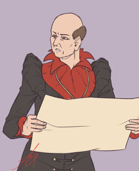 1boy areggo balding black_jacket brown_eyes brown_hair collar collared_jacket commentary english_commentary gold_necklace haskill holding holding_paper jacket jewelry juliet_sleeves long_sleeves male_focus mature_male necklace ornate_clothes paper puffy_sleeves purple_background red_collar signature solo the_elder_scrolls the_elder_scrolls_iv:_oblivion