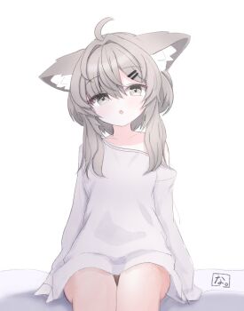 1girl :o animal_ears grey_eyes grey_hair highres long_sleeves looking_at_viewer mafuyu_(vrchat) nayanaiti no_pants off_shoulder parted_lips shirt shirt_slip short_hair_with_long_locks simple_background sitting sleeves_past_fingers sleeves_past_wrists vrchat white_background white_shirt