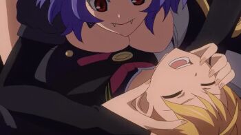 10s 2girls animated animated_gif biting blonde_hair blood breasts chess_belle fangs held_down multiple_girls open_mouth owari_no_seraph red_eyes restrained sanguu_mitsuba screaming vampire