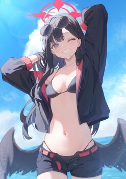 1girl absurdres arms_behind_head belt bikini bikini_bottom_under_shorts bikini_under_clothes black_bikini black_hair black_jacket black_shorts black_wings blue_archive blue_sky breasts cloud collarbone day eyewear_on_head feathered_wings halo haluka_o0 highres horizon ichika_(blue_archive) ichika_(swimsuit)_(blue_archive) jacket long_hair long_sleeves looking_at_viewer low_wings navel ocean official_alternate_costume open_clothes open_jacket open_shorts purple_eyes red_belt red_halo revision shorts sky small_breasts smile solo stomach sunglasses swimsuit unusually_open_eyes upper_body water wings