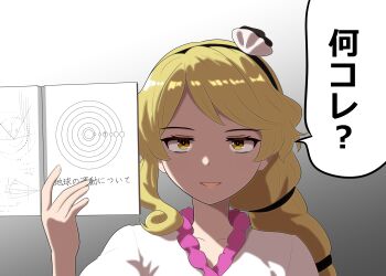 1girl absurdres black_hairband blonde_hair clam_shell_ornament collar curly_hair gradient_background hair_ornament hairband highres holding holding_paper jitome looking_at_viewer low_ponytail lunalunachild open_mouth paper pink_collar ponytail shell shell_hair_ornament shirt touhou upper_body watari_nina white_shirt yellow_eyes