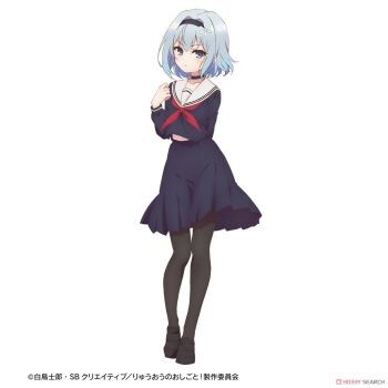 1girl blue_eyes blue_hair choker english_text full_body hair_ornament hairband japanese_text loafers multicolored_hair navel official_art pantyhose ryuuou_no_oshigoto! sailor_collar school_uniform serafuku shoes skirt snowflake_hair_ornament solo sora_ginko