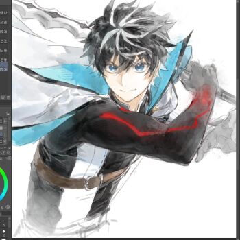 1boy art_program_in_frame black_hair blue_eyes cape charlemagne_(fate) charlemagne_(first_ascension)_(fate) fate/extella fate/extella_link fate/extra fate/grand_order fate_(series) fighting_stance hair_between_eyes holding holding_sword holding_weapon looking_at_viewer male_focus multicolored_hair potato_goril short_hair simple_background smile solo streaked_hair sword two-tone_hair upper_body weapon white_background white_hair