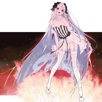 1girl bare_shoulders black_bow black_eyes black_nails bow braid breasts cleavage collar commentary_request detached_sleeves dress fate/strange_fake fate_(series) fire francesca_prelati_(fate) frilled_collar frills garter_straps hair_bow highres leotard long_hair looking_at_viewer medium_breasts multiple_hair_bows ringed_eyes showgirl_skirt skull_print smile solo striped_clothes striped_dress striped_leotard thighhighs uda_(xax_057) vertical-striped_clothes vertical-striped_dress very_long_hair white_collar white_hair