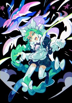 1girl absurdres apron black_romper blunt_bangs bow bowtie braid braided_ponytail brown_eyes colored_sclera dragalge gen_6_pokemon glowing gogeyama green_hair highres juliet_sleeves leafy_seadragon lebanne_(pokemon) long_braid long_hair long_sleeves looking_at_viewer maid maid_apron maid_headdress mega_stone nintendo open_mouth pokemon pokemon_(creature) pokemon_legends:_z-a puffy_sleeves red_sclera romper star_(symbol) teeth thighhighs tongue tongue_out tsurime upper_teeth_only white_bow white_bowtie white_thighhighs