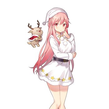 1girl bare_legs belt black_belt breasts commentary_request deer dress hair_rings hat long_hair medium_breasts pink_eyes pink_hair rie_(reverie) ron_cercle santa_costume santa_dress santa_hat sidelocks uchi_no_hime-sama_ga_ichiban_kawaii very_long_hair white_dress white_hat
