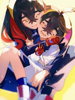 Rule 34 | 1boy, 1girl, artist name, black hair, blue jacket, blue pants, blueberry academy school uniform, brother and sister, carmine (pokemon), closed eyes, colored inner hair, commentary, crossed bangs, gloves, hair between eyes, hairband, highres, hug, hug from behind, jacket, kieran (pokemon), long hair, long sleeves, multicolored hair, nintendo, one eye closed, open mouth, pants, partially fingerless gloves, pokemon, pokemon sv, purple hair, red gloves, red hair, school uniform, shiro (46isou), short hair, shorts, siblings, single glove, symbol-only commentary, teeth, twitter username, two-tone hair, white jacket, white shorts, yellow eyes, yellow hairband