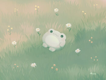 Rule 34 | :3, animal focus, artist name, ayu (mog), closed mouth, commentary, day, english commentary, flower, frog, grass, lying, no humans, on back, original, outdoors, solid circle eyes, solo, white flower