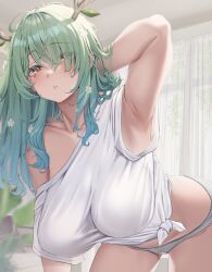 Rule 34 | 1girl, antlers, blush, branch, breasts, ceres fauna, flower, green hair, hair flower, hair ornament, highres, hololive, hololive english, horns, large breasts, long hair, looking at viewer, messy hair, moisture (chichi), mole, mole under eye, multicolored hair, no bra, panties, shirt, sleepy, solo, t-shirt, underwear, virtual youtuber, yellow eyes