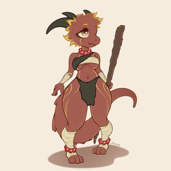 bandages barefoot black_dress blonde_hair brown_eyes dark-skinned_female dark_skin dress furry furry_female highres horns kobold monk monster_girl no_humans original red_hair short_hair smile solo spiked_hair staff tail