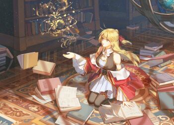 alicia_(elleranll) armlet black_vest blonde_hair blue_skirt book brooch collared_halterneck commission earrings ema3 floating floating_book floating_hair floating_object gem gold_armlet gold_thighlet green_eyes hair_ribbon hand_on_book highres indoors jacket jewelry library long_hair looking_at_object magic off_shoulder open_book original outstretched_hand pile_of_books pleated_skirt red_gemstone red_jacket red_ribbon ribbon seiza sitting skeb_commission skirt sphere_earrings thighlet vest wide_sleeves