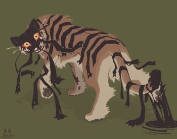 aku_arq animal_focus dream_tiger_(govy9807) fangs from_behind full_body green_background liquid looking_at_viewer looking_back monster monster_focus no_humans open_mouth original pawpads sharp_teeth signature simple_background solo teeth tiger walking yellow_eyes