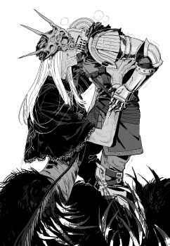 Rule 34 | 192 saioma, 1boy, 1other, ambiguous gender, armor, ashen one (dark souls), capelet, chainmail, closed mouth, commentary, dark souls (series), dark souls iii, dark sun gwyndolin, full body, fur capelet, gauntlets, greyscale, helmet, highres, knight, lace-trimmed capelet, lace trim, lifting person, long hair, looking at another, masked, monochrome, pauldrons, shoulder armor, simple background, smile, tunic