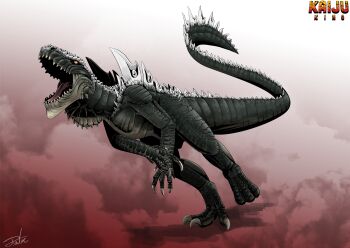 Rule 34 | absurdres, claws, commentary, digitigrade, dinosaur, english commentary, english text, full body, godzilla (series), godzilla the series, gradient background, gugenheim98, highres, kaiju, monster, monster focus, no humans, open mouth, orange eyes, reptile, sharp teeth, signature, solid eyes, solo, spikes, spines, tail, teeth, zilla