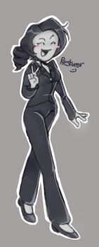 1girl black_hair blush breasts cassino cassino closed_eyes colored_skin curly_hair drill_hair drill_ponytail female female_focus formal_clothes grey_background grey_skin greyscale imscared jacket monochrome open_mouth peace_symbol restorer_(imscared) slip-on_shoes small_breasts smile suit suit_jacket text_background