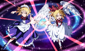 Rule 34 | 2girls, angel wings, apron, blonde hair, bow, bowtie, closed mouth, commentary request, commission, dress, feathered wings, full body, gengetsu (touhou), hair bow, incoming attack, inuno rakugaki, long sleeves, looking at viewer, maid, maid headdress, mary janes, mugetsu (touhou), multiple girls, open clothes, open mouth, open vest, powering up, puffy short sleeves, puffy sleeves, purple dress, purple shoes, red bow, red bowtie, red shoes, shoes, short sleeves, siblings, sisters, skeb commission, smile, socks, touhou, touhou (pc-98), vest, waist apron, white apron, white dress, white socks, white wings, wings, yellow eyes