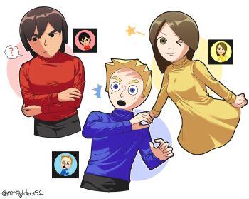 >_o 1girl 2boys ;) ? ^^^ absurdres black_eyes black_hair black_pants blonde_hair blue_eyes blue_shirt blue_sweater breasts brown_eyes brown_hair casual closed_mouth commentary_request confused cropped_torso crossed_arms dress highres korean_commentary long_sleeves mii_(nintendo) mii_brawler mii_brawler_(smash_ultimate) mii_gunner mii_gunner_(smash_ultimate) mii_swordfighter mii_swordfighter_(smash_ultimate) miifighterss2 multiple_boys nintendo nintendo_switch_2 one_eye_closed open_mouth pants profile_picture red_shirt red_sweater reference_inset shirt short_hair simple_background smile speech_bubble spoken_question_mark star_(symbol) super_smash_bros. surprised sweat sweatdrop sweater thick_eyebrows thinking turtleneck turtleneck_dress turtleneck_sweater twitter_username white_background wide-eyed yellow_dress