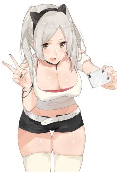 1girl animal_ears belt blush breasts cat_ears cellphone cleavage covered_erect_nipples female_focus female_robin_(fire_emblem) fire_emblem fire_emblem_awakening fire_emblem_heroes hair_ornament highres j@ck long_hair looking_at_viewer navel nintendo open_mouth phone short_shorts shorts smile solo super_smash_bros. twintails v white_background white_hair yellow_eyes