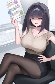 1girl absurdres anger_vein black_choker black_hair black_skirt breasts brown_pantyhose brown_shirt chair choker cleavage commentary_request computer_keyboard crossed_legs feet_out_of_frame green_eyes highres holding holding_paper indoors large_breasts long_hair monitor nail_polish office_chair office_lady on_chair open_mouth original pantyhose paper pencil_skirt red_nails shirt shougun_(chuckni1) sitting skirt solo swivel_chair