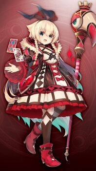 1girl asymmetrical_legwear black_dress blonde_hair bow braid breasts card dress frilled_dress frilled_sleeves frills gradient_hair green_eyes hair_between_eyes heart-shaped_gem holding holding_staff looking_at_viewer mismatched_legwear multicolored_dress multicolored_hair open_hand open_mouth playing_card red_background red_bow red_dress red_shoes shoes smile solo staff twin_braids white_dress wide_sleeves