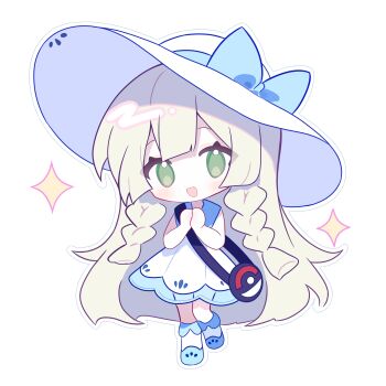 Rule 34 | 1girl, aimiaobaobei, bag, blonde hair, blue bow, blue trim, blunt bangs, blush, boots, bow, braid, chibi, chibi only, chinese commentary, commentary request, dress, green eyes, hat, hat bow, highres, lillie (pokemon), long hair, looking at viewer, nintendo, open mouth, pokemon, pokemon sm, shoulder bag, simple background, sleeveless, sleeveless dress, smile, solo, sparkle, sun hat, twin braids, white background, white boots, white dress, white hat