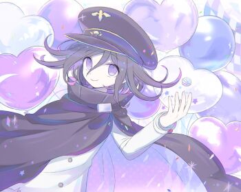 1boy 8takenokonosato8 arm_belt balloon black_cape black_hair black_hat buttons cape commentary danganronpa_(series) danganronpa_v3:_killing_harmony dice flipped_hair hair_between_eyes happy_birthday hat heart_balloon highres long_sleeves looking_at_viewer male_focus oma_kokichi purple_eyes purple_hair short_hair smile solo star_(symbol) too_many_balloons upper_body