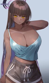 Rule 34 | 1girl, absurdres, alternate costume, black hair, black shorts, blue archive, blush, breasts, camisole, cleavage, collarbone, colored inner hair, commentary, dark-skinned female, dark skin, dolphin shorts, food, halo, highres, karin (blue archive), large breasts, long hair, looking at viewer, midriff peek, multicolored hair, pasta, purple hair, purple halo, revision, short shorts, shorts, simple background, solo, spaghetti strap, ubo (ubo tales), very long hair, white camisole, yellow eyes