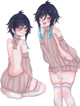 1boy artist_request bare_shoulders blush braid covering_crotch covering_privates detached_sleeves genshin_impact green_eyes green_hair hair_between_eyes highres looking_at_viewer looking_back male_focus omochi_7btn open_mouth solo thighhighs trap twin_braids venti_(genshin_impact) virgin_killer_sweater white_background white_thighhighs