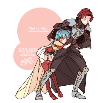 Rule 34 | 1boy, 1girl, 2025, aqua eyes, aqua hair, armor, armored boots, bent over, black capelet, black gloves, black shirt, blush, boots, breastplate, breasts, cape, capelet, closed mouth, commentary request, eirika (fire emblem), embarrassed, english text, fire emblem, fire emblem: the sacred stones, full body, gloves, grey armor, high collar, highres, hug, leaning forward, long hair, long sleeves, miniskirt, nintendo, parted bangs, pink background, red boots, red gloves, red hair, red shirt, sayu030b, seth (fire emblem), shirt, short hair, short sleeves, shoulder armor, skirt, small breasts, standing, thigh boots, thighhighs, twitter username, two-tone background, waist hug, watermark, white background, white skirt, yellow armor, yellow cape, zettai ryouiki