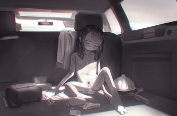 1girl aftersex backpack bag bar_censor barefoot captaintcher car_interior censored closed_eyes collarbone completely_nude cum cum_in_pussy cum_pool cumdrip flat_chest full_body hat highres id_card legs_apart loli long_hair monochrome navel nipples nude open_mouth original panties pussy randoseru school_hat sitting soles solo tissue_box toes underwear unworn_backpack unworn_bag unworn_clothes unworn_panties