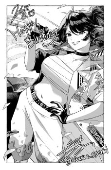 1girl absurdres belt breasts chest_sarashi choker cleavage gloves greyscale hand_on_own_hip happy_birthday highres holding holding_sword holding_weapon indie_virtual_youtuber isuka kson large_breasts long_hair looking_at_viewer mole mole_under_eye monochrome navel pants ponytail sarashi solo souchou sword virtual_youtuber weapon