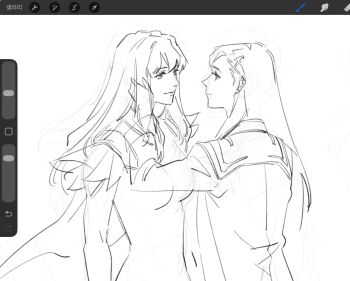 2girls art_program_in_frame breasts closed_mouth commentary_request earrings eye_contact greyscale guri_gom hand_in_another&#039;s_hair highres jewelry korean_commentary long_hair looking_at_another medium_breasts meister_otome_uniform monochrome multiple_girls my-otome natsuki_kruger shizuru_viola smile stud_earrings upper_body yuri