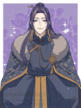Rule 34 | 1boy, border, chinese clothes, chinese hairpin, cloak, closed mouth, commentary request, flower knot, fur-trimmed cloak, fur trim, half updo, highres, jinshi (kusuriya no hitorigoto), kusuriya no hitorigoto, light smile, looking at viewer, male focus, parted bangs, purple background, purple eyes, purple hair, solo, sparkle, takehide, twitter username, white border