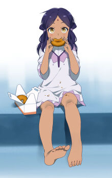 10s 1girl bad_id bad_pixiv_id barefoot bindi cardfight!!_vanguard dark-skinned_female dark_skin donut dress eating feet female_focus food hair_tubes long_hair looking_at_viewer mattaku_mousuke purple_hair ratie_curti soles solo toes yellow_eyes
