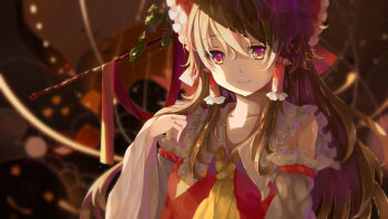 1girl ascot bare_shoulders blurry blurry_background bow brown_hair commentary dead_line detached_sleeves frilled_hair_tubes frilled_shirt_collar frills hair_bow hair_tubes hakurei_reimu hand_up highres leaf light_particles long_hair purple_eyes red_bow red_ribbon red_shirt ribbon shirt smile solo star_(symbol) star_in_eye symbol_in_eye touhou upper_body yellow_ascot
