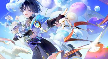 1boy anemo_symbol_(genshin_impact) aqua_gem aqua_shorts aqua_sleeves armor balloon belt bird black_belt black_bodysuit black_bow black_sandals black_shorts blue_cape blue_hair blue_kimono blue_sky blunt_ends bodysuit bouquet bow cape cloud cloudy_sky commentary_request contrapposto cowboy_shot crystal_ball cu09291 curled_fingers dove eyelashes eyeliner eyeshadow feathers fingernails flower gem genshin_impact gold gold_ring hair_intakes hakama hakama_shorts heart_balloon highres holding holding_bouquet holding_scissors japanese_armor japanese_clothes juban kimono kote kurokote looking_at_viewer lower_teeth_only makeup male_focus mandarin_collar middle_ring offering_hand open_clothes open_hand open_kimono open_mouth outdoors pleated_shorts pom_pom_(clothes) purple_eyes purple_flower purple_rope purple_sash red_eyeliner red_eyeshadow red_ribbon ribbon rope sandals sash scaramouche_(genshin_impact) scissors short_sleeves shorts shoulder_peek sky solo striped_ribbon tassel teeth toes tongue tsurime two-sided_shorts two-sided_sleeves wanderer_(genshin_impact) white_flower white_kimono white_sleeves white_trim wispy_bangs yellow_feathers zouri
