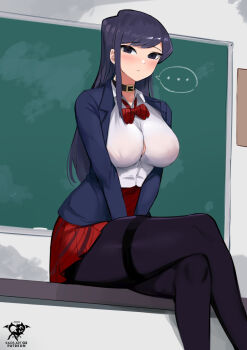 Rule 34 | ..., 1girl, alternate breast size, artist logo, artist name, black eyes, black hair, black pantyhose, blue jacket, blush, bow, bowtie, breasts, chalkboard, closed mouth, collar, collared shirt, commentary, crossed legs, embarrassed, english commentary, implied nopan, indoors, itan private high school uniform, jacket, kaos art, komi-san wa komyushou desu, komi shouko, large breasts, logo, long hair, long sleeves, looking at viewer, no bra, open clothes, open jacket, pantyhose, pleated skirt, red bow, red bowtie, red skirt, school uniform, shirt, sitting, skirt, solo, thighs, white shirt