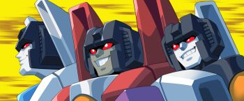 Rule 34 | 3boys, armor, black helmet, blue armor, colored sclera, colored skin, decepticon, evil grin, evil smile, getter robo, grey skin, grin, helmet, highres, lantana0 0, mecha, meme, multiple boys, portrait, profile, purple armor, red armor, red sclera, robot, robot boy, shine spark (meme), skywarp, smile, starscream, super robot wars, super robot wars t, thundercracker, transformers, transformers: generation 1, white eyes, white skin, yellow background